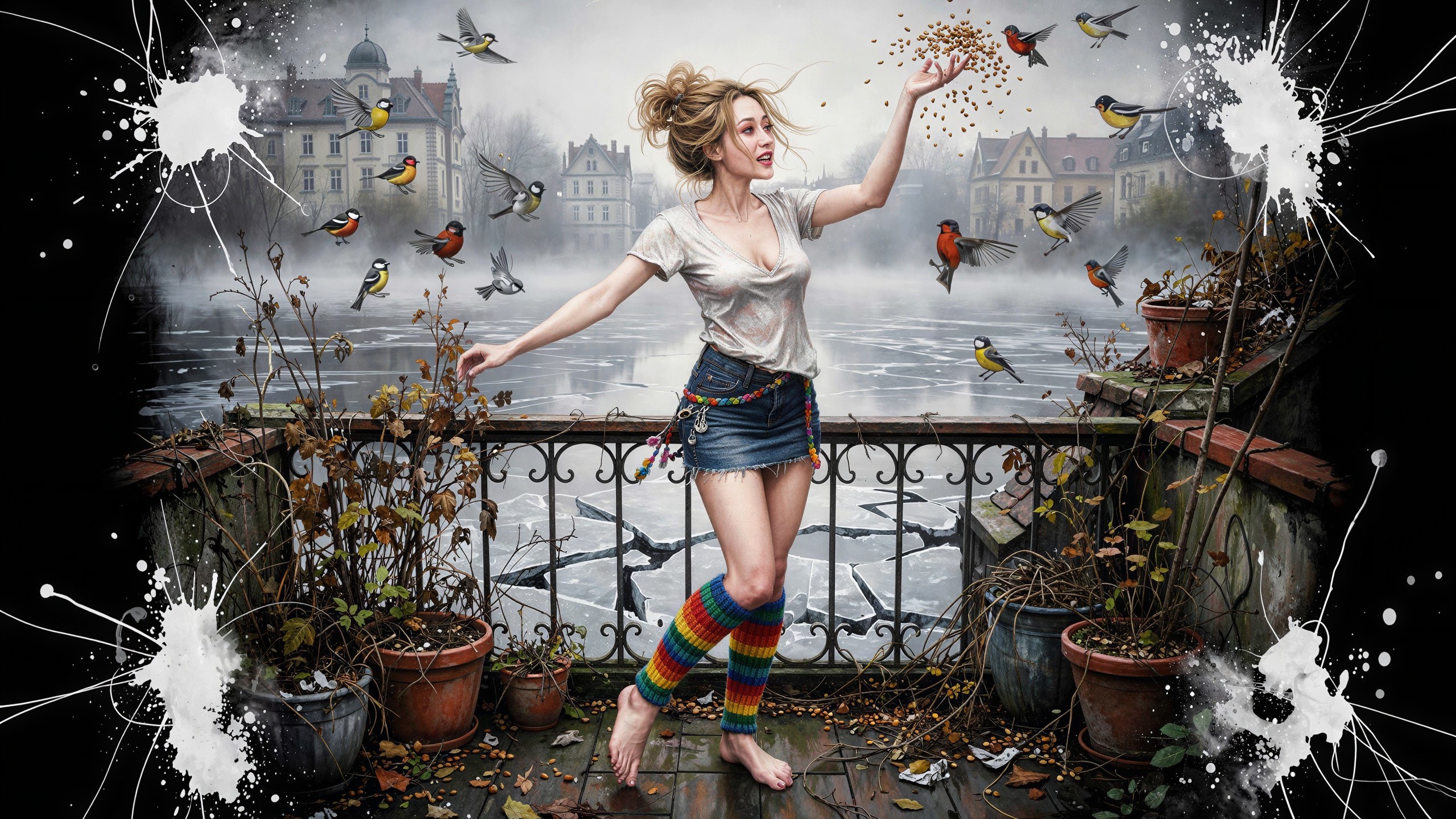 Woman on Balcony Overlooking Frozen Lake with Birds