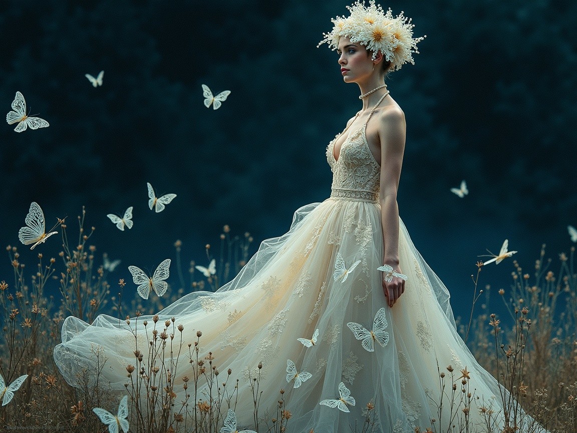 Woman in flowing gown among grasses and butterflies