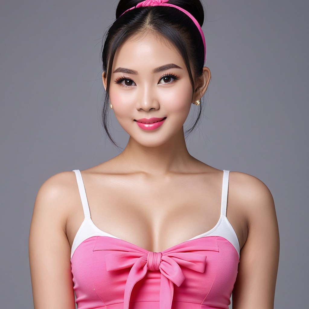 Young woman in stylish pink and white outfit with bow