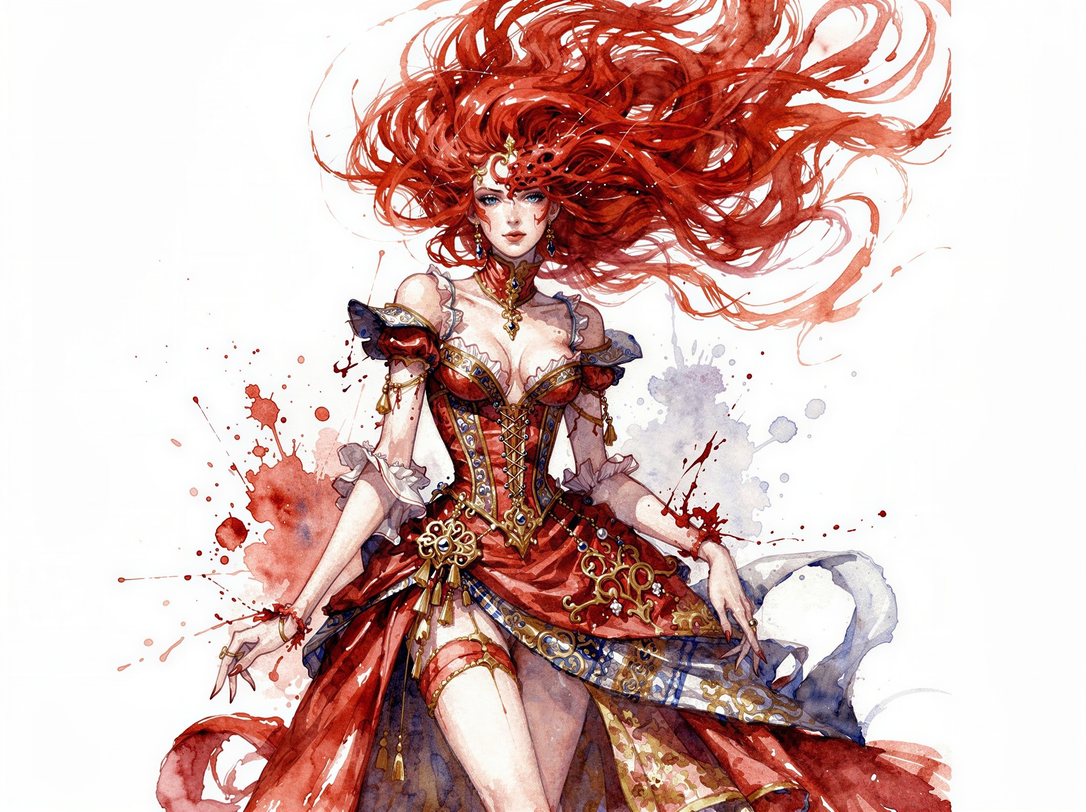 Digital Watercolor Painting of Anime Woman in Corset Dress