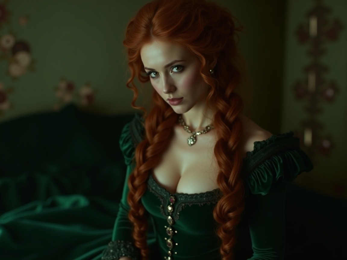 Woman in green gown with red hair in braids