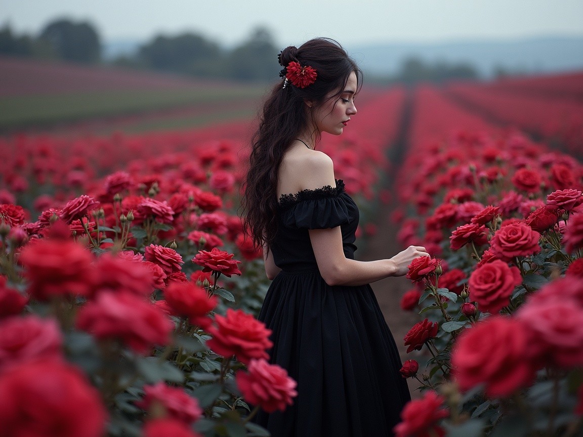 Young Woman in Black Dress Among Red Roses