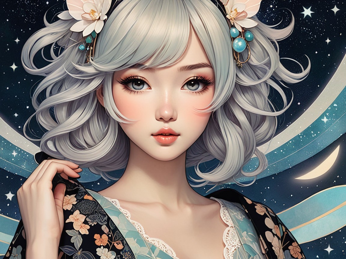 Youthful figure in kimono against starry night sky
