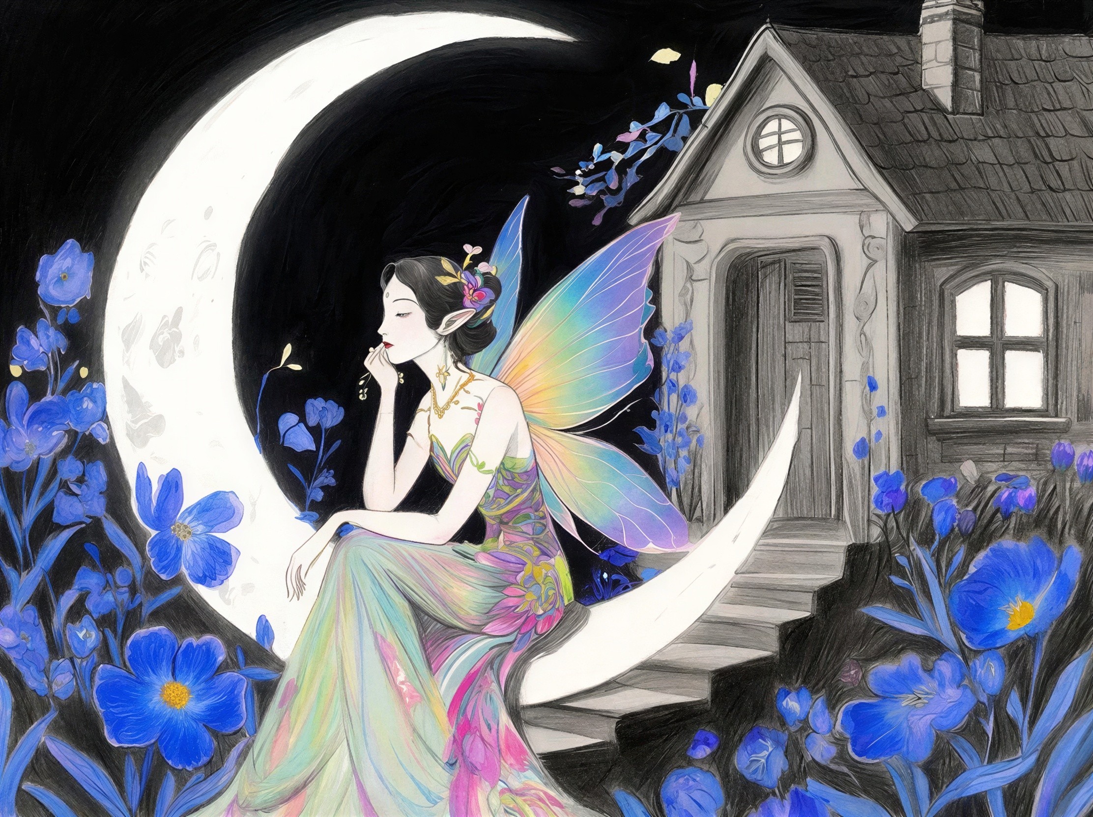 Colorful Fairy Illustration on Crescent Moon with House