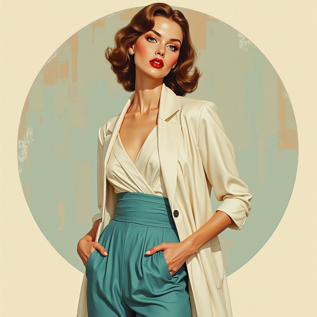 Elegant Woman in Chic Outfit with Vintage Waves