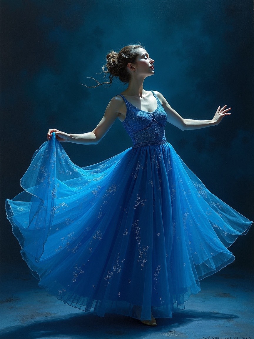 Elegant figure in blue gown twirling gracefully