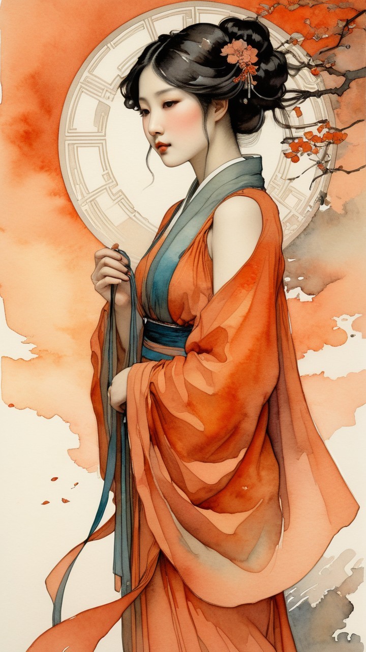 Elegant Woman in Orange Kimono Against Warm Hues