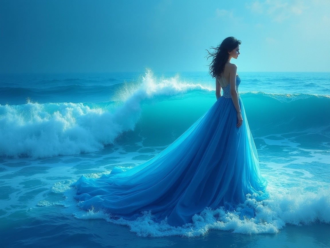 Woman in Blue Gown by Ocean at Sunset