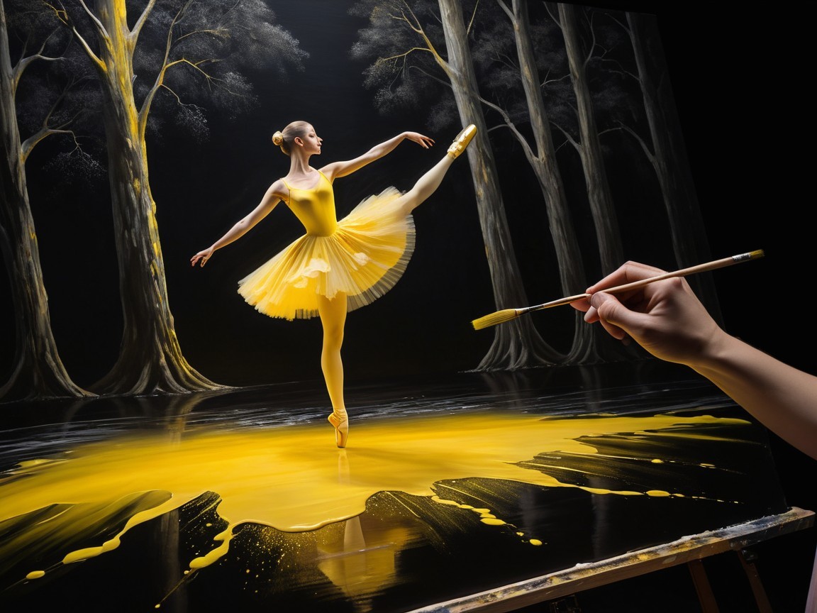Ballerina in Yellow Tutu Against Dark Backdrop