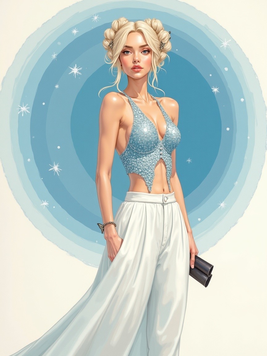 Fashionable Woman in Shimmery Blue Crop Top and Trousers