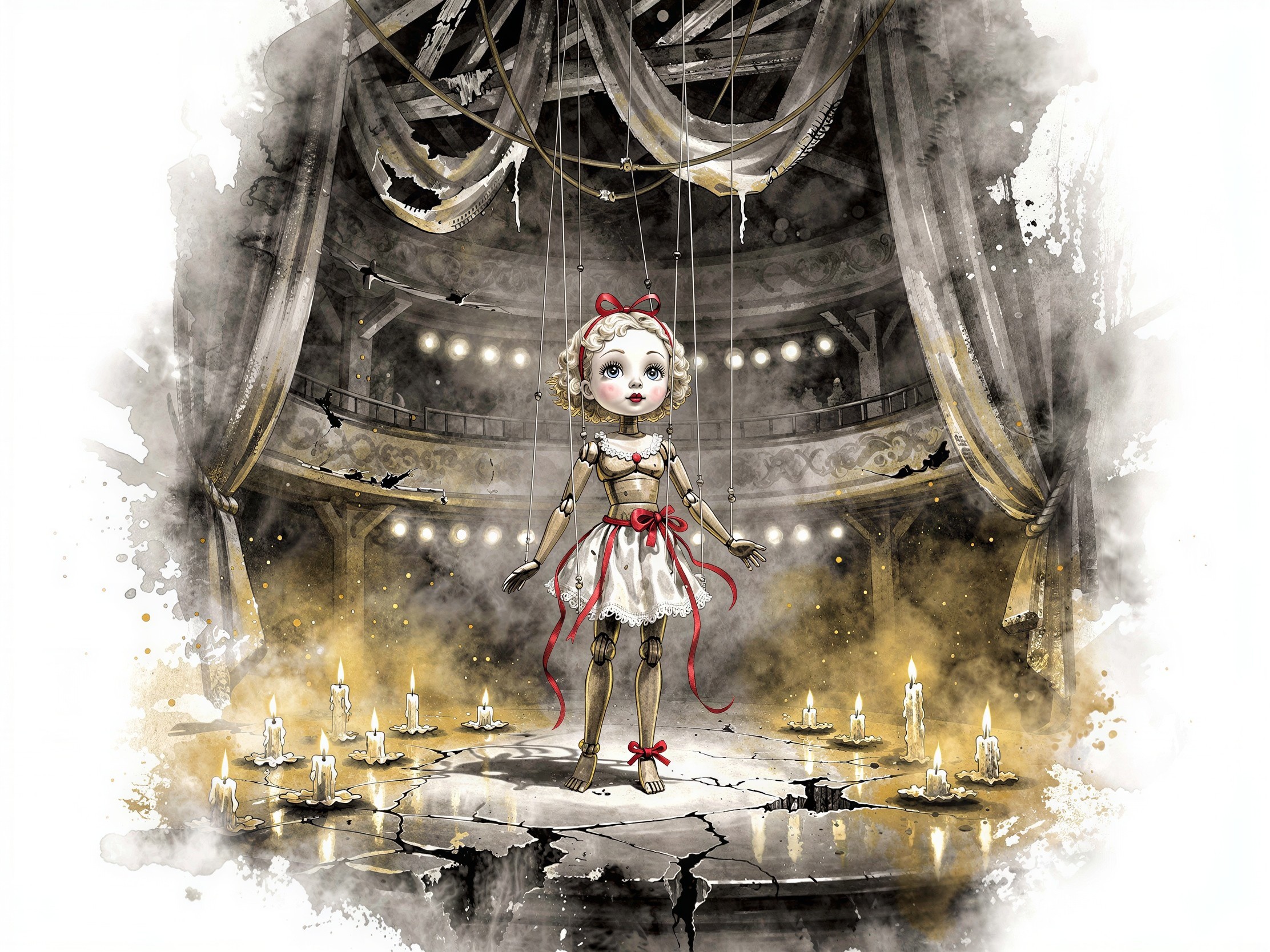 Watercolor of a sad marionette in a theater setting