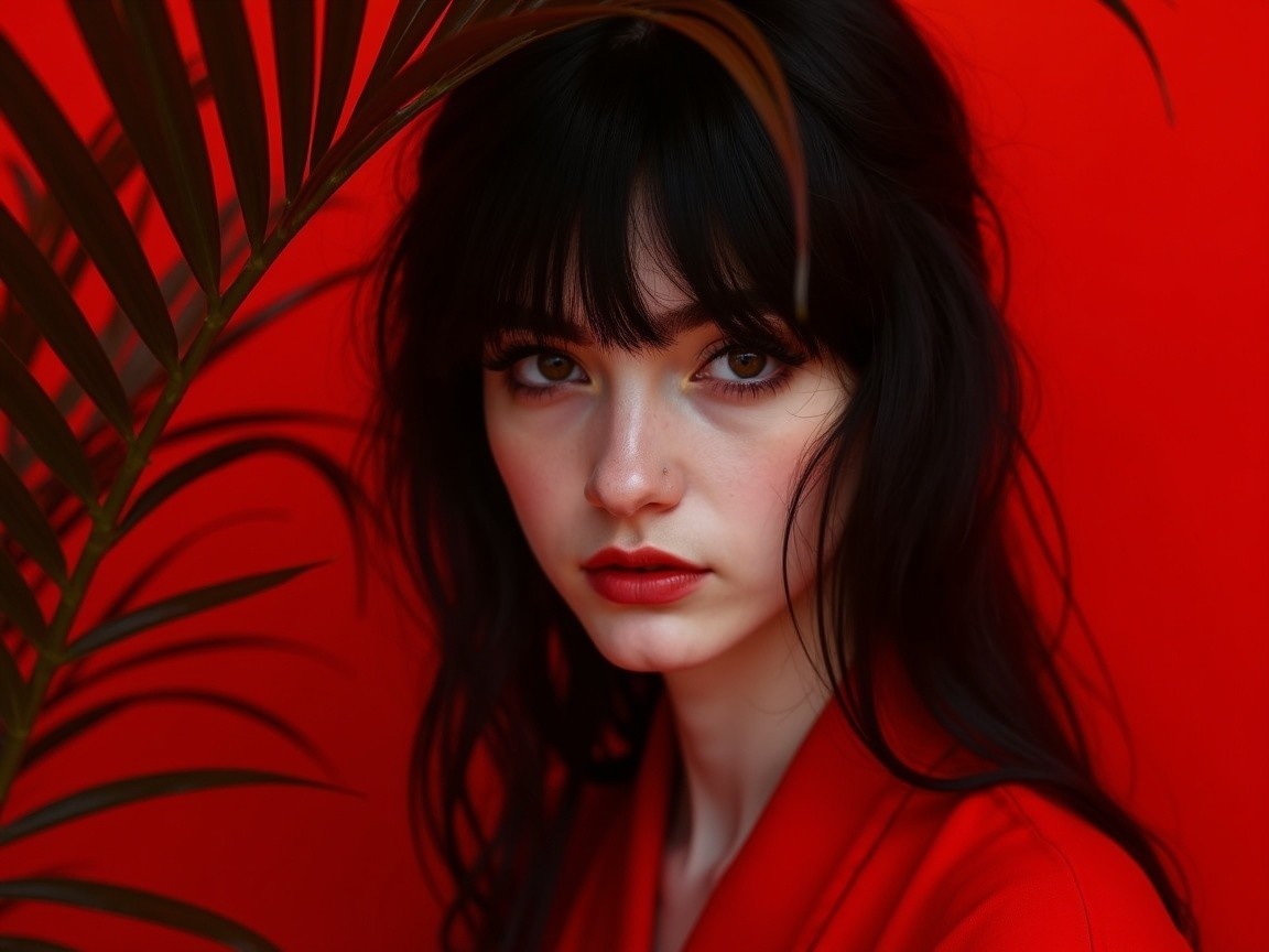 Young woman with bold makeup against red backdrop