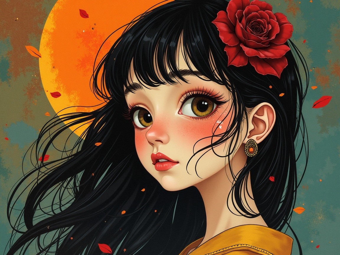 Young girl with large eyes and flowing black hair