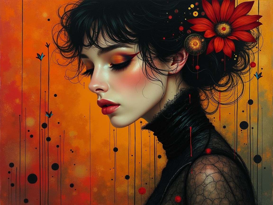 Profile of a Woman with Red Flowers and Warm Tones