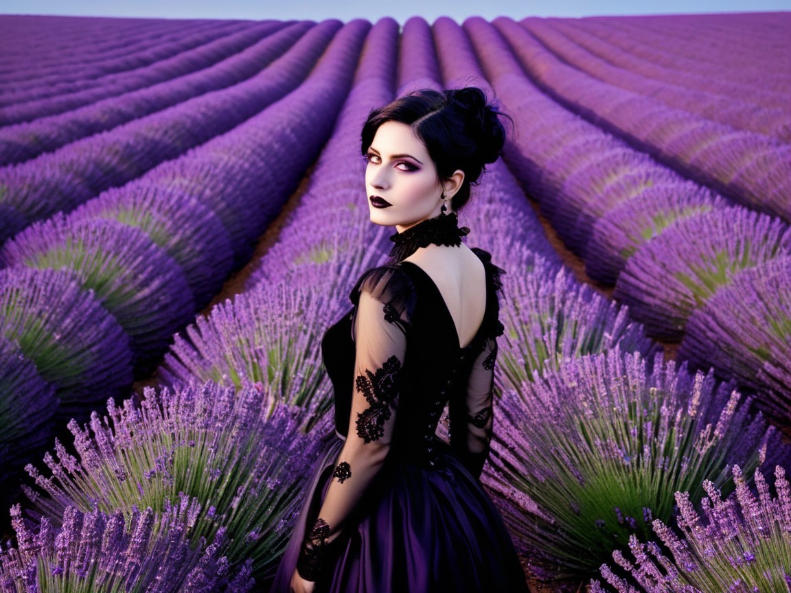Woman in Black Gown in Lavender Fields at Sunset