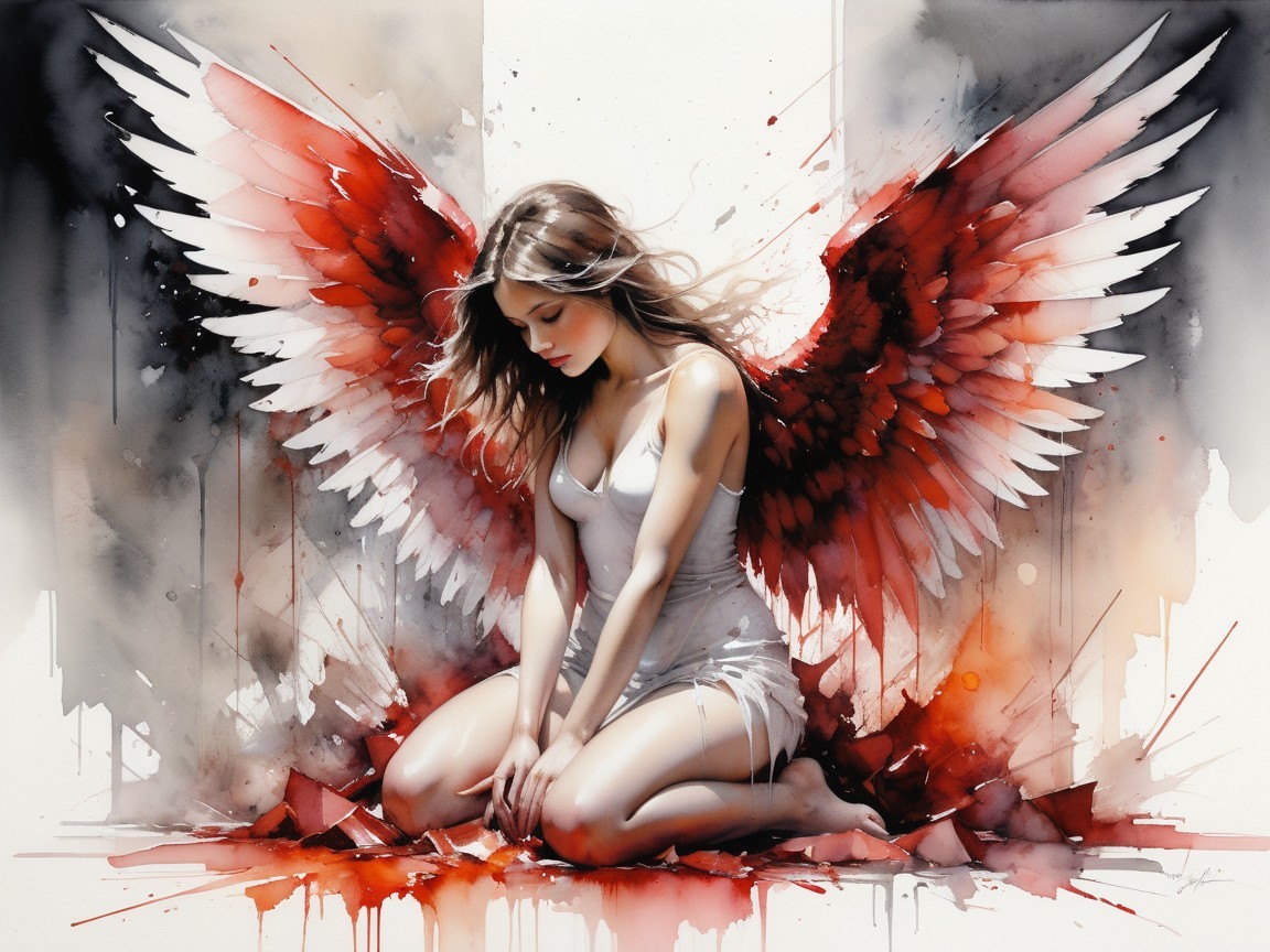 Emotional Watercolor of Woman with Wings and Feathers