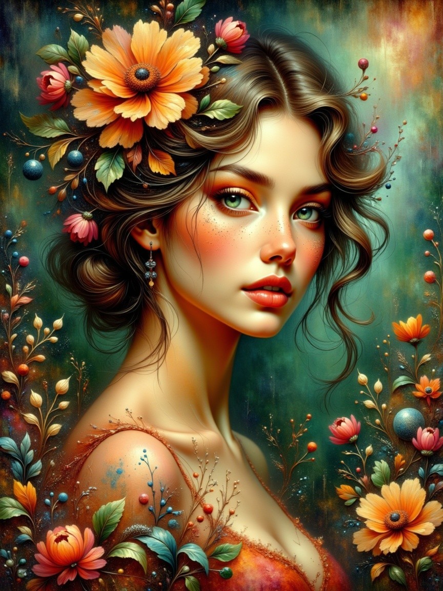 Young woman with vibrant floral hair and green background