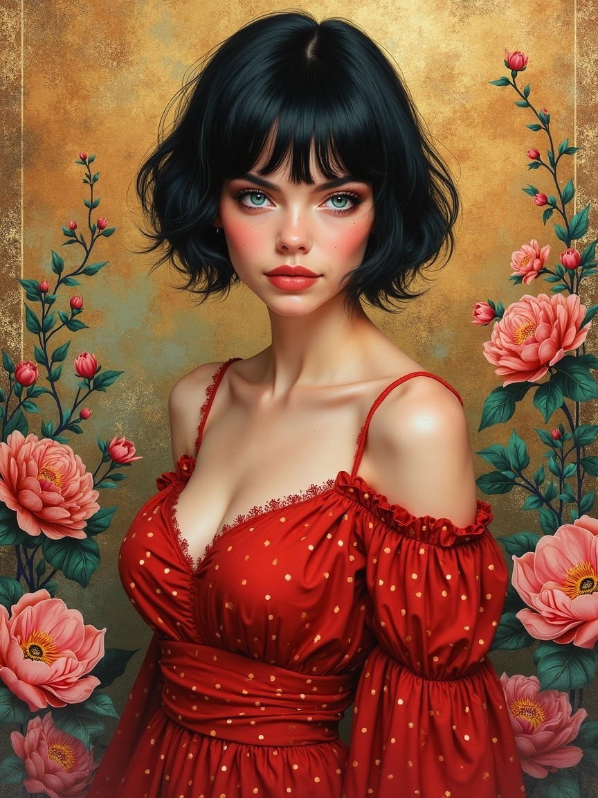 Young Woman in Red Dress Surrounded by Flowers