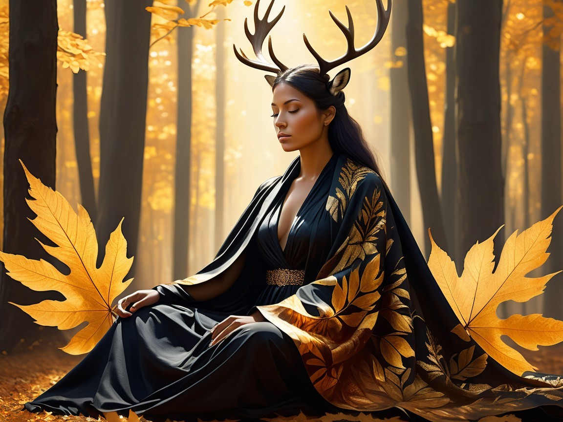 Serene Figure in Black Robe Amidst Autumn Forest