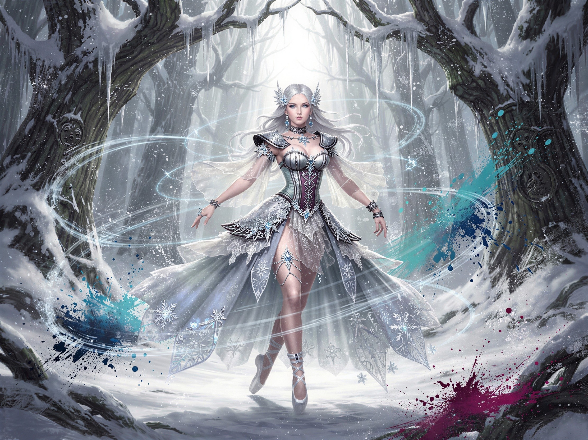 Digital Painting of a White-Haired Ice Queen in Snowy Forest