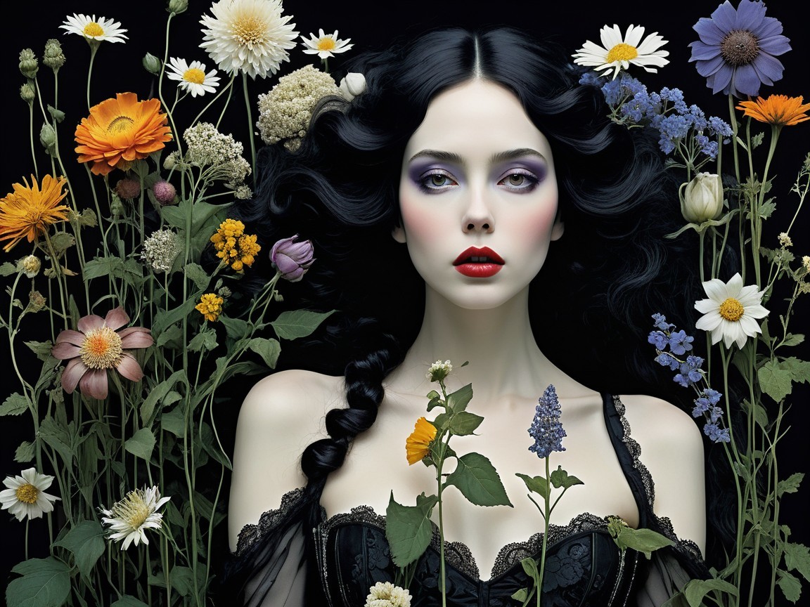Portrait of a woman with black hair and colorful flowers