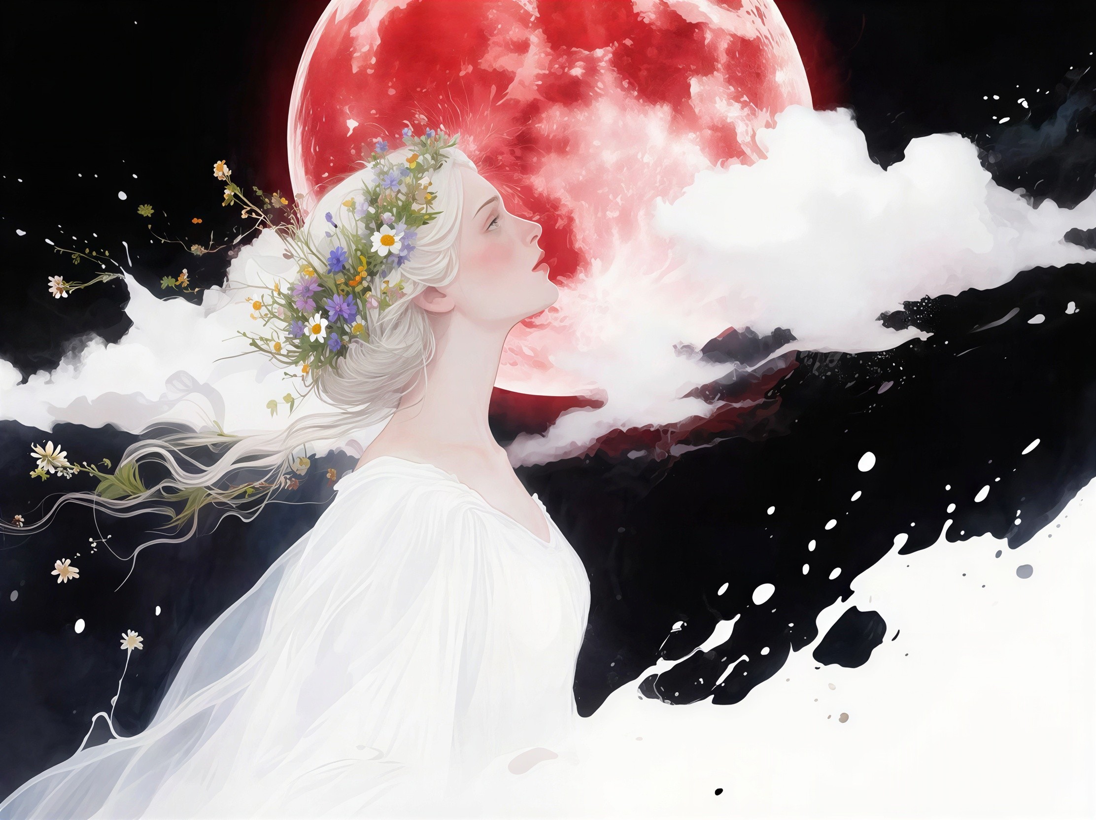 Digital painting of a woman with white hair and moon
