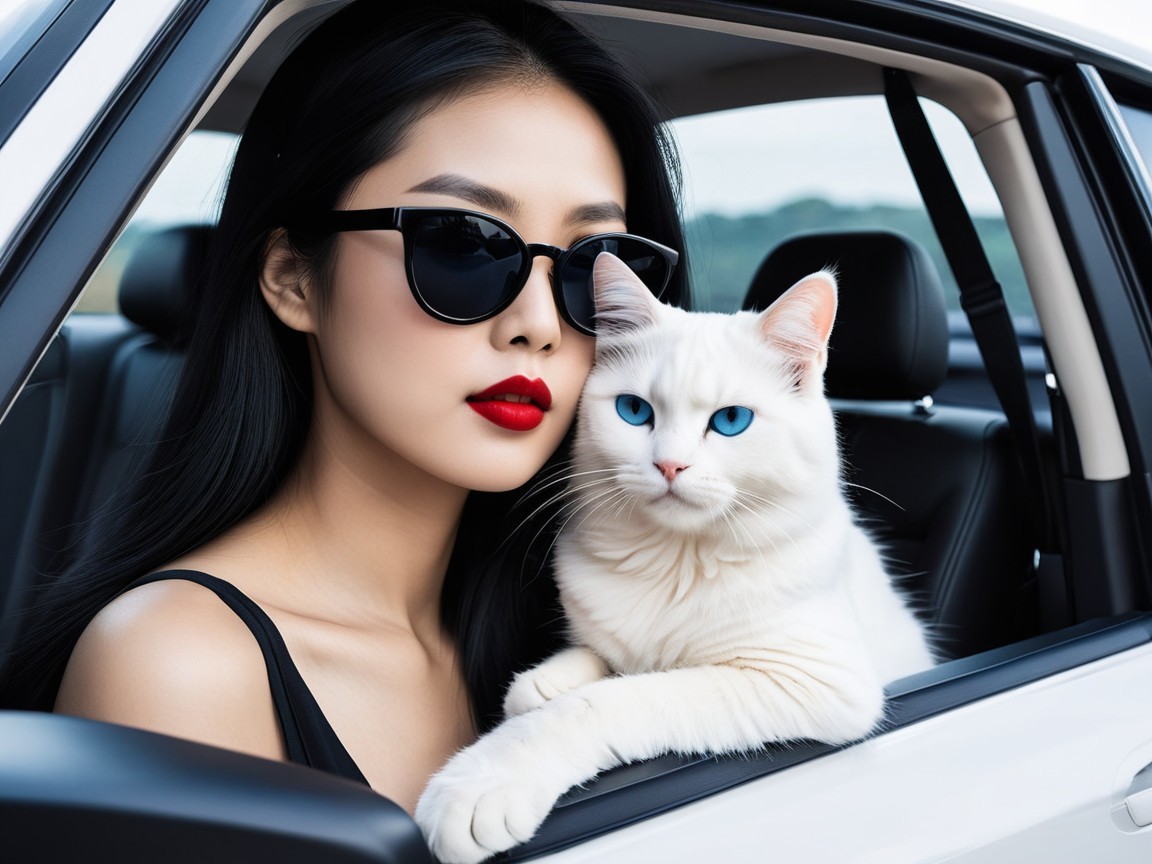 Classy Asian woman with cat in car passenger seat