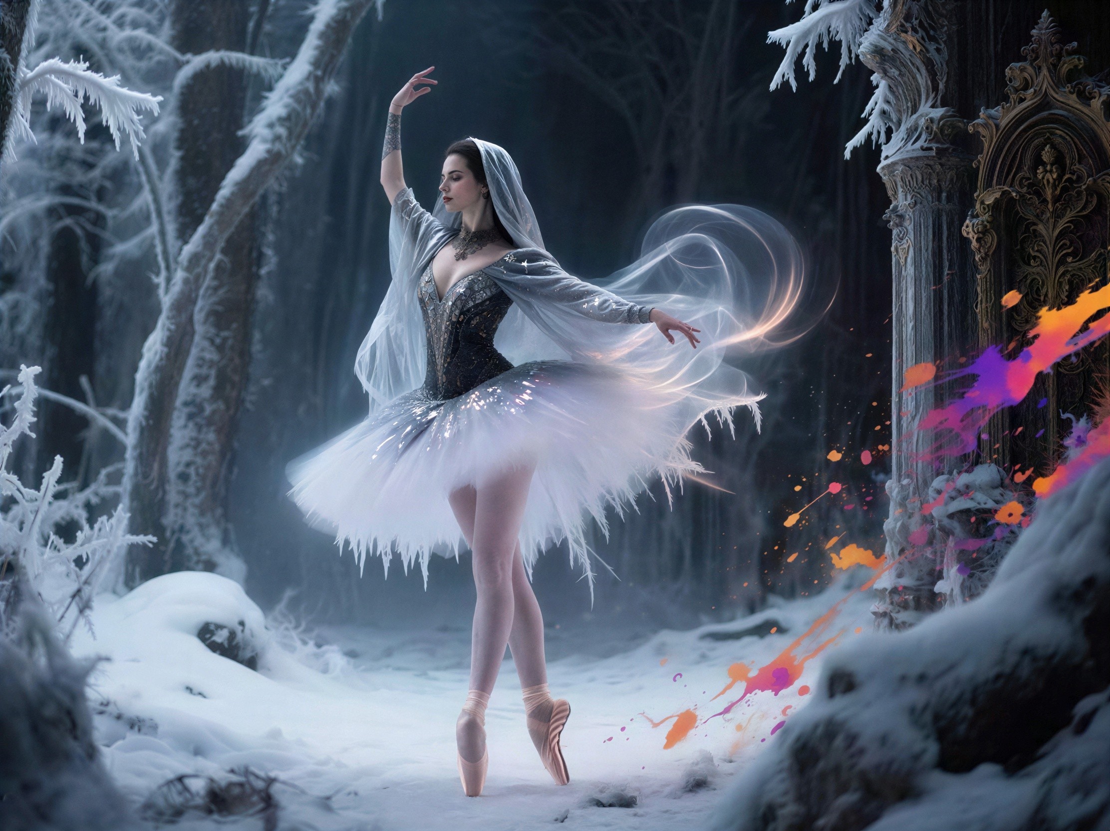 Magical Ice Ballerina in Winter Forest Setting