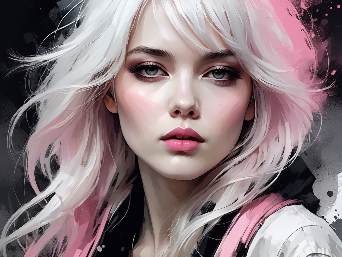 Young woman with long white-pink hair and glowing skin