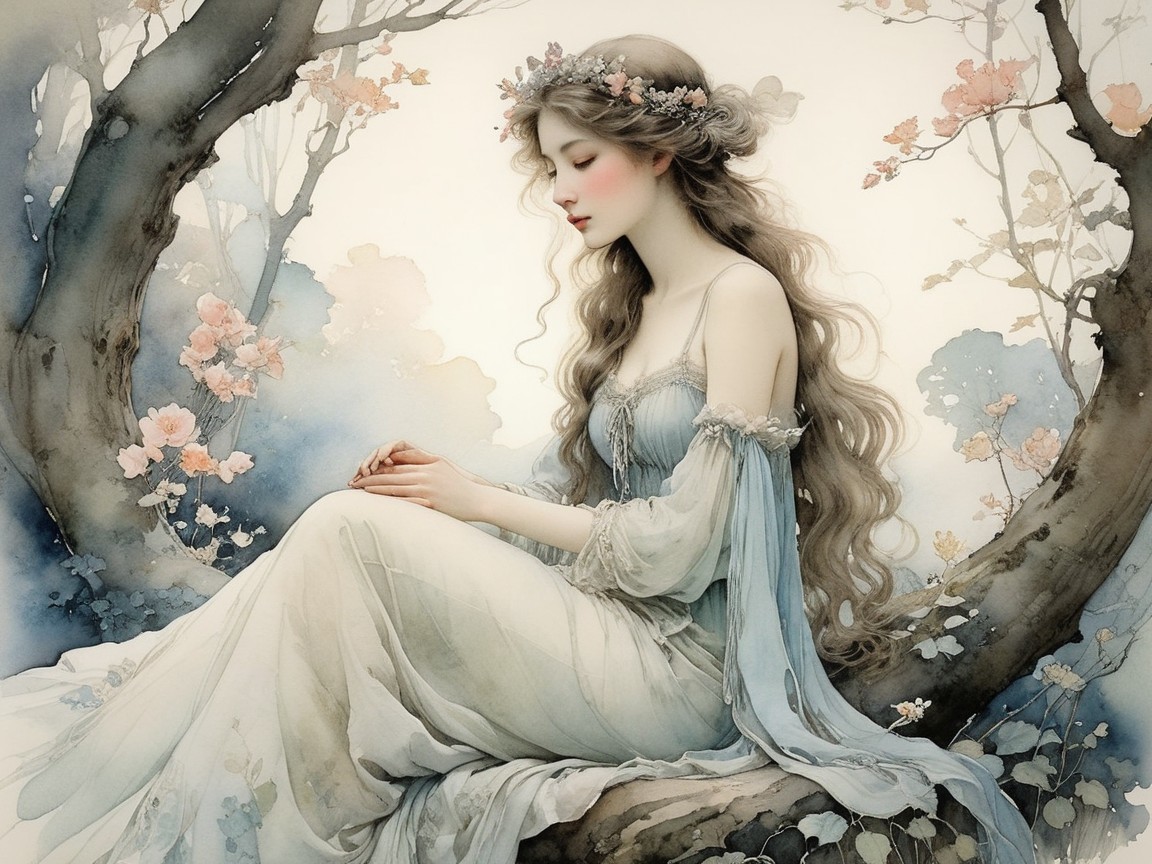 Ethereal figure in a pale gown on a tree branch
