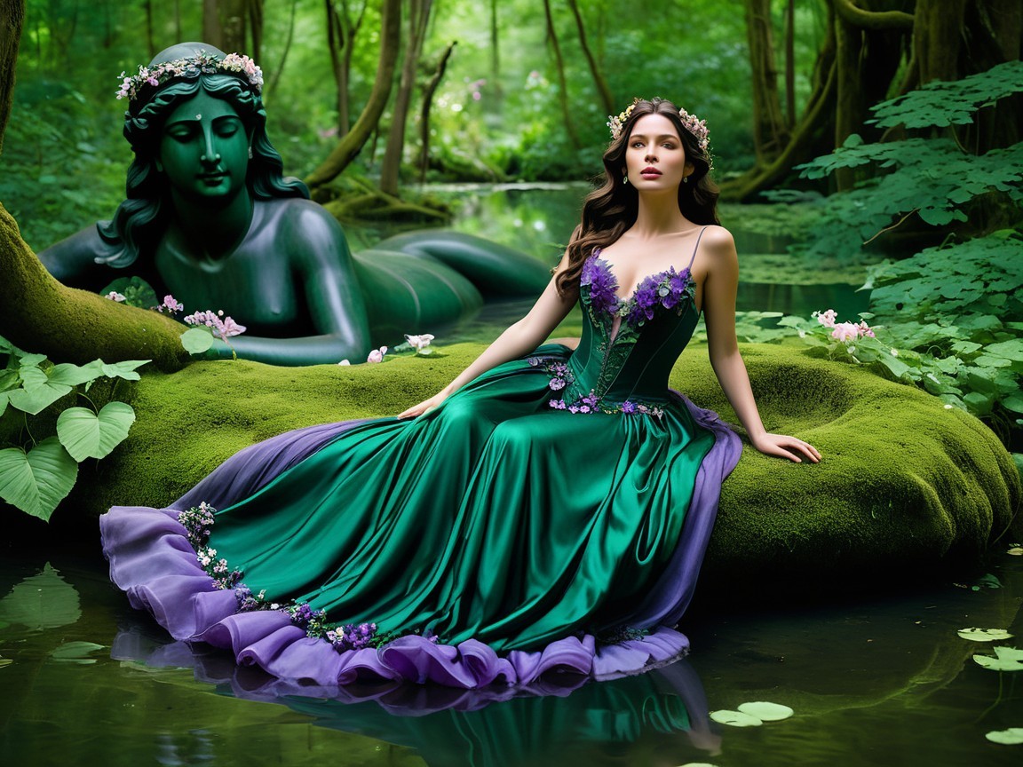 Serene Woman in Gown by Tranquil Pond and Statue