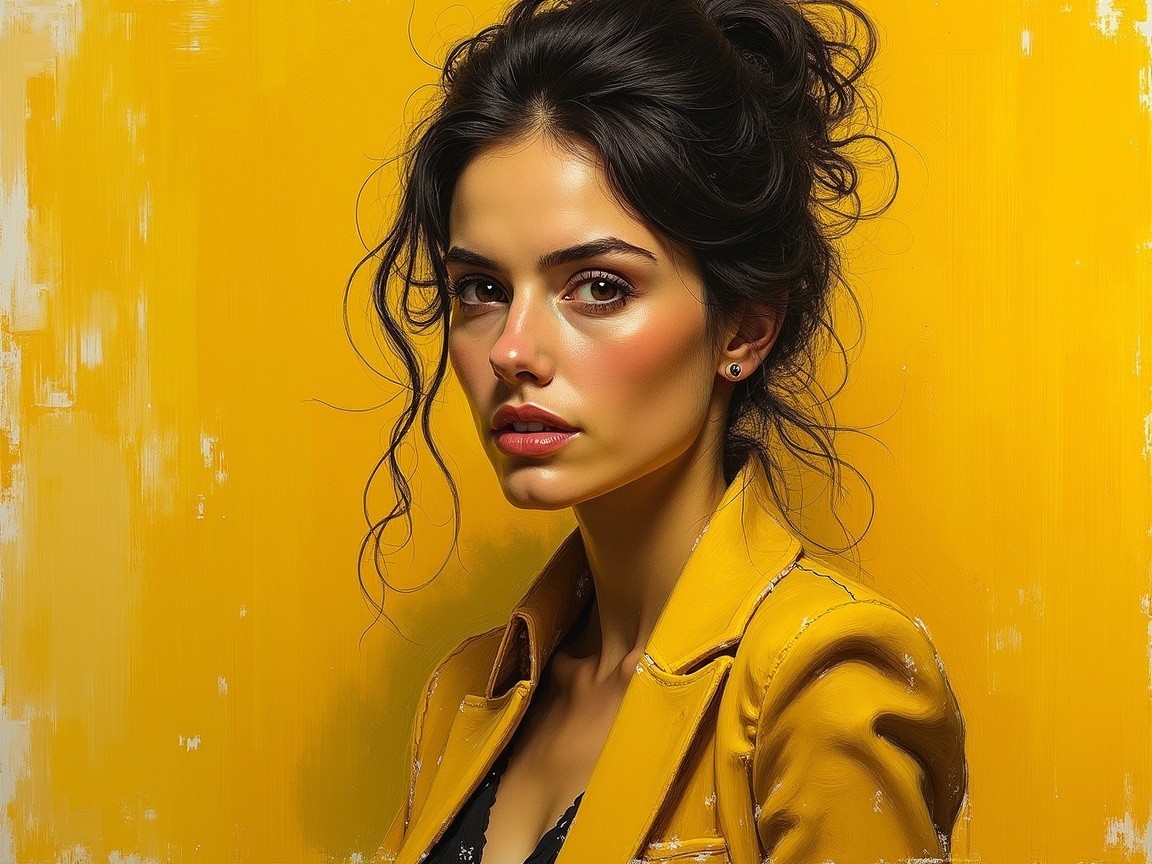 Young woman in yellow blazer against vivid background