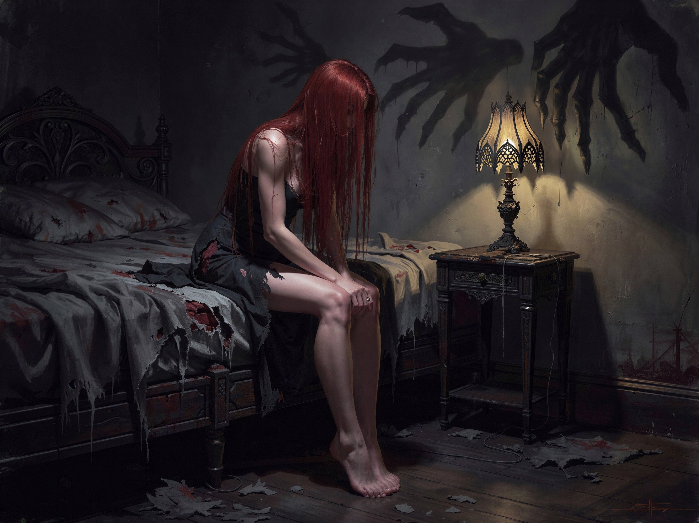 Horror Scene of Woman in Bloodied Dress in Dark Room