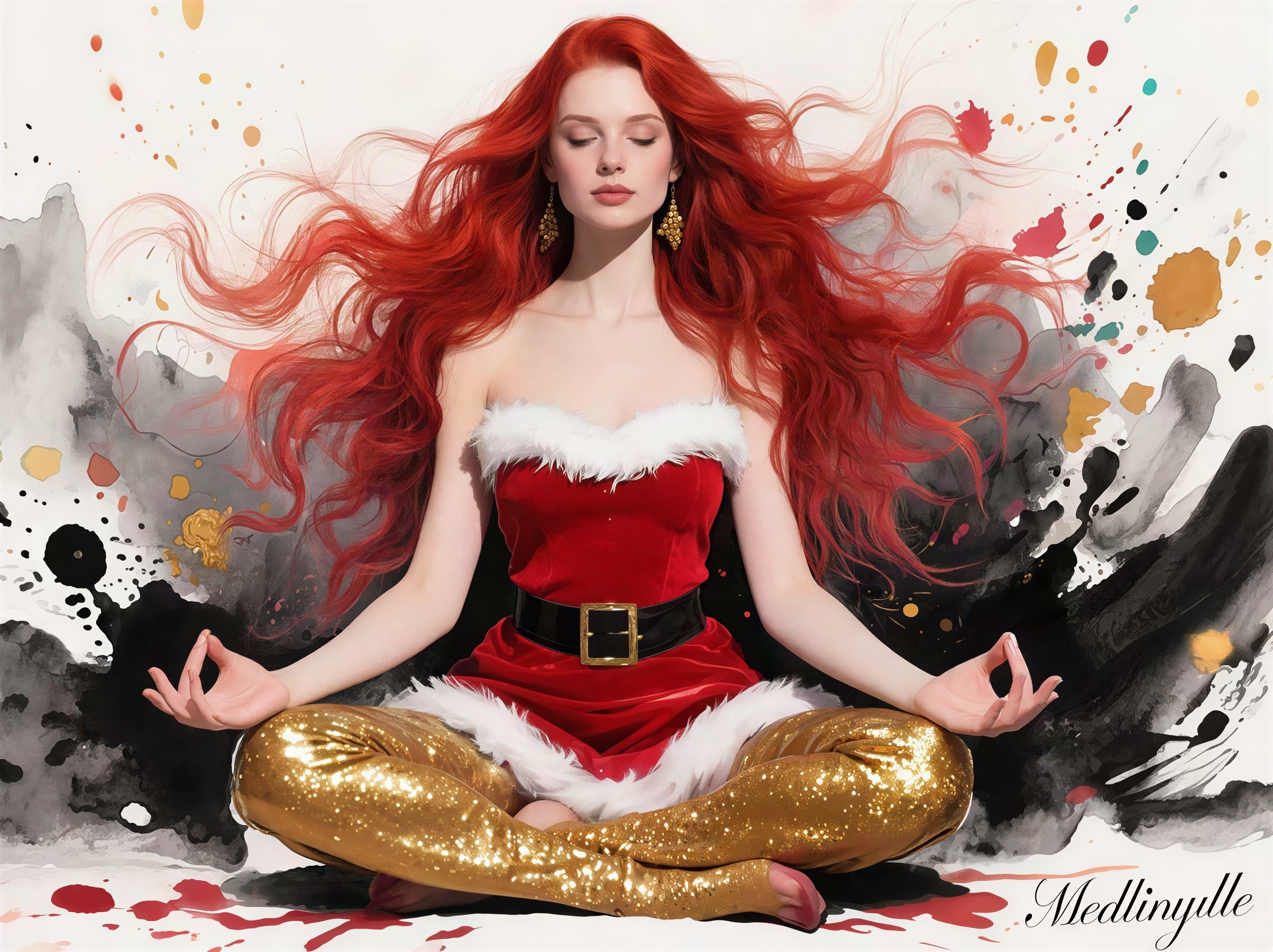 Red-haired woman in Santa-themed outfit meditating