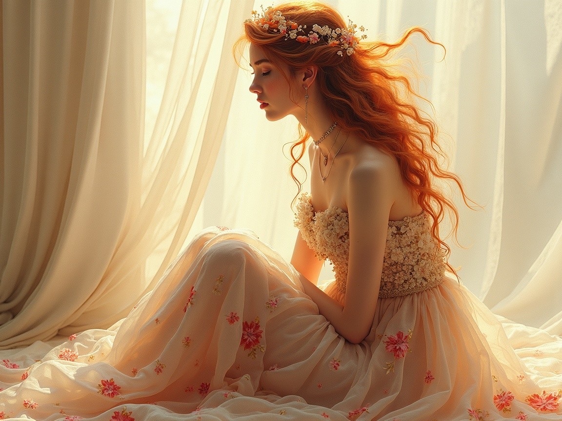 Young Woman in Floral Gown with Ethereal Lighting