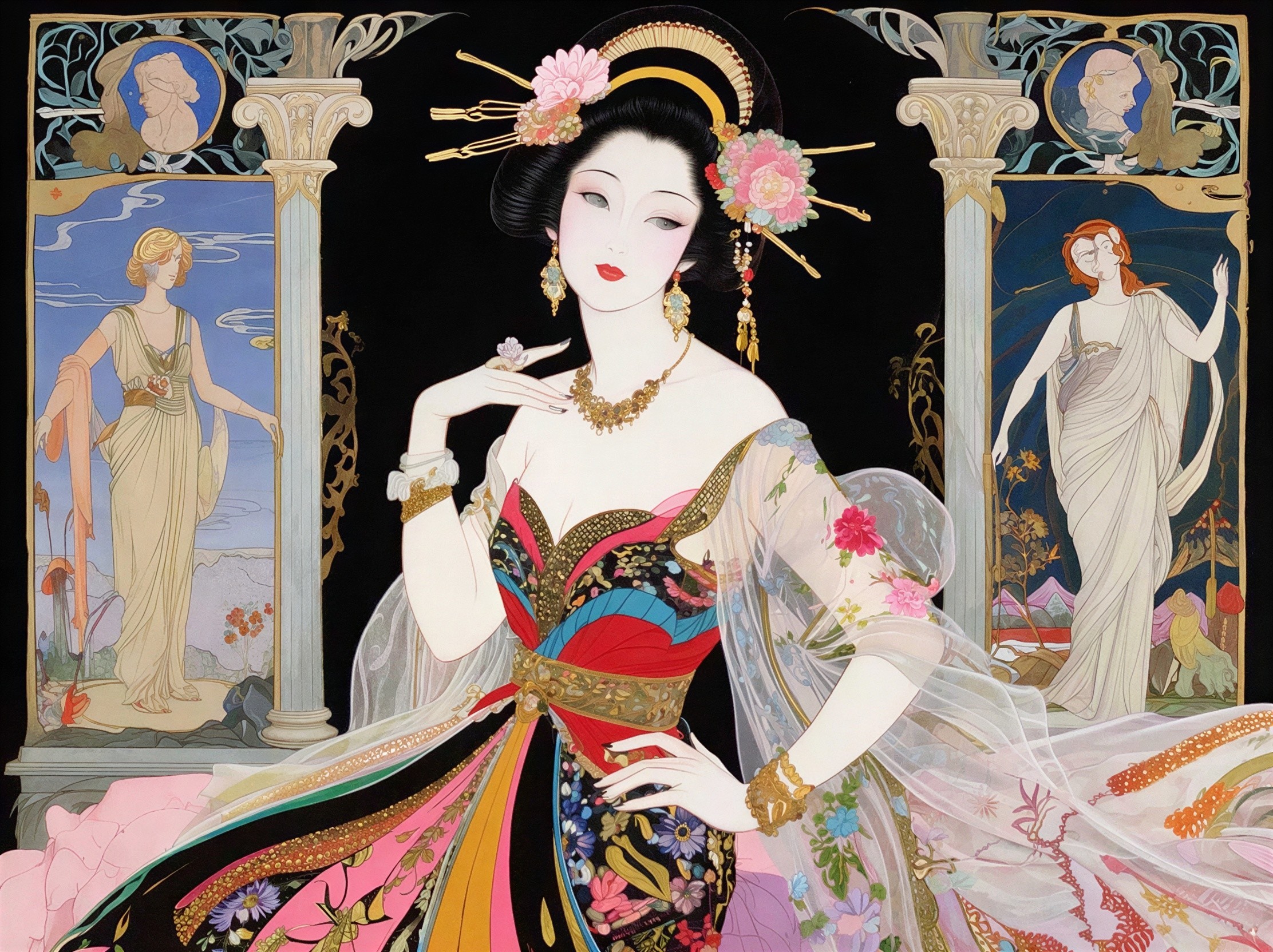 Art Nouveau Illustration of Asian Woman in Gown