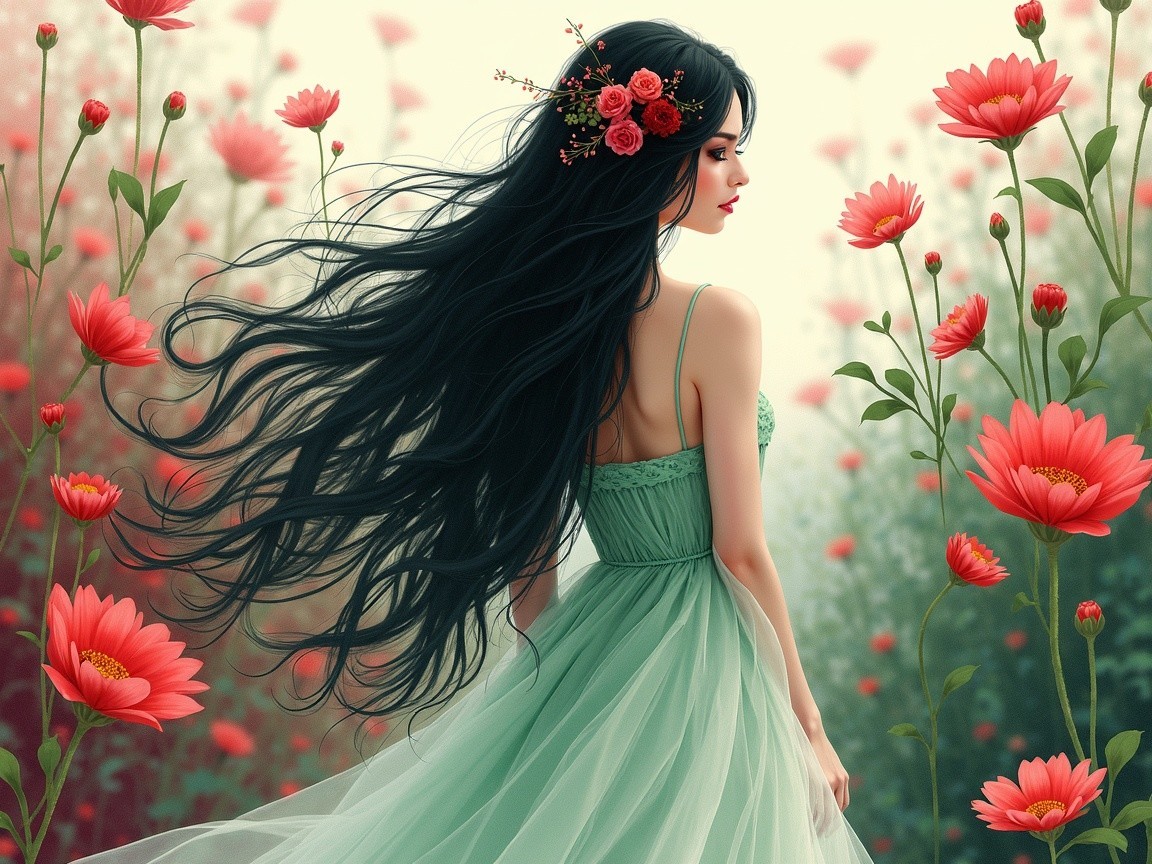 Serene Woman in Vibrant Pink Flower Field