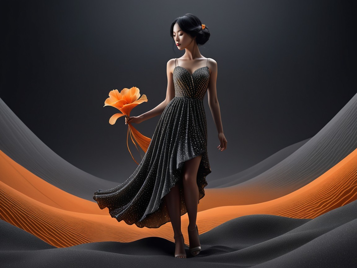 Elegant Figure in Black Dress with Orange Flower