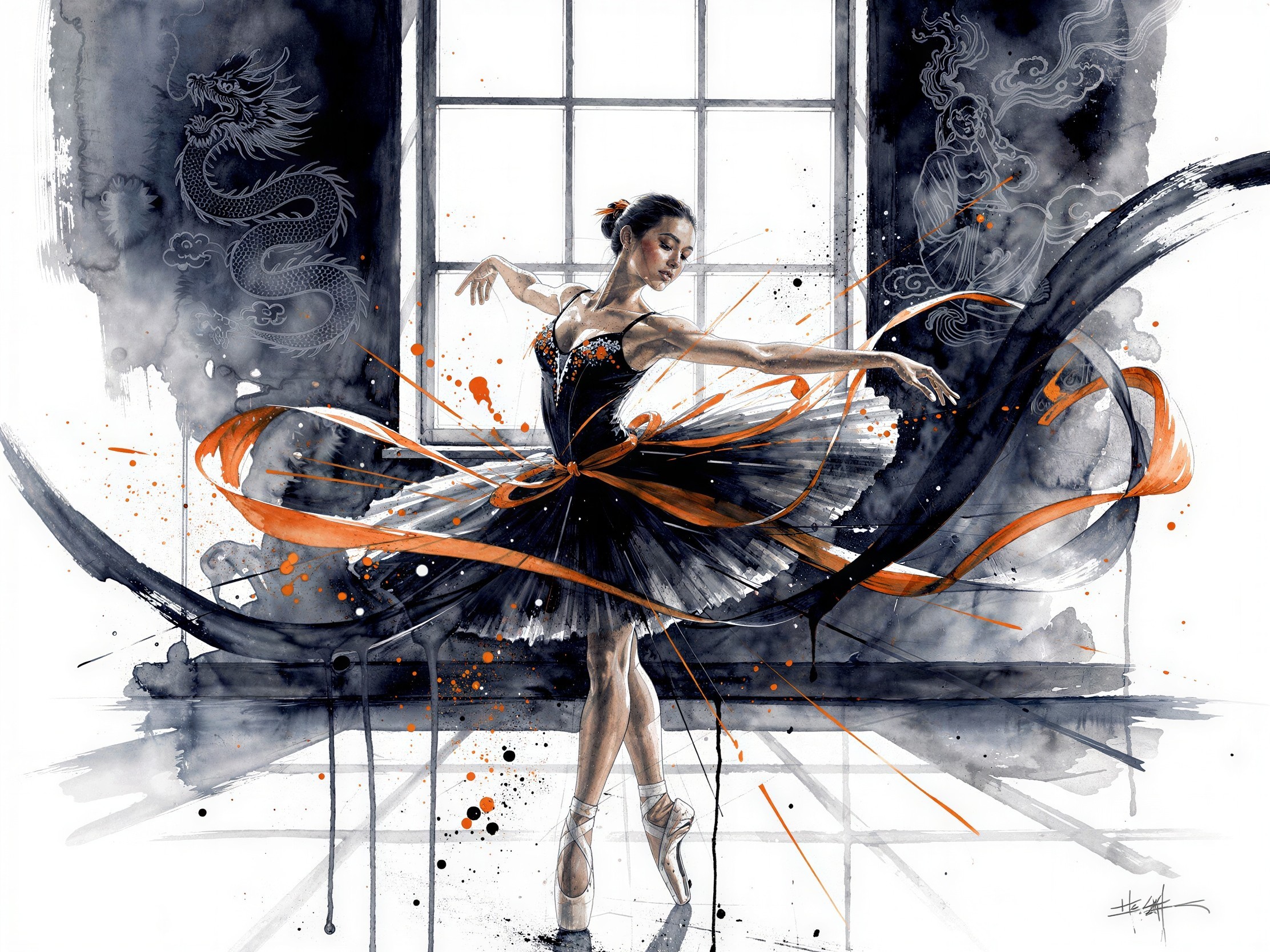 Watercolor Painting of Ballerina with Abstract Background