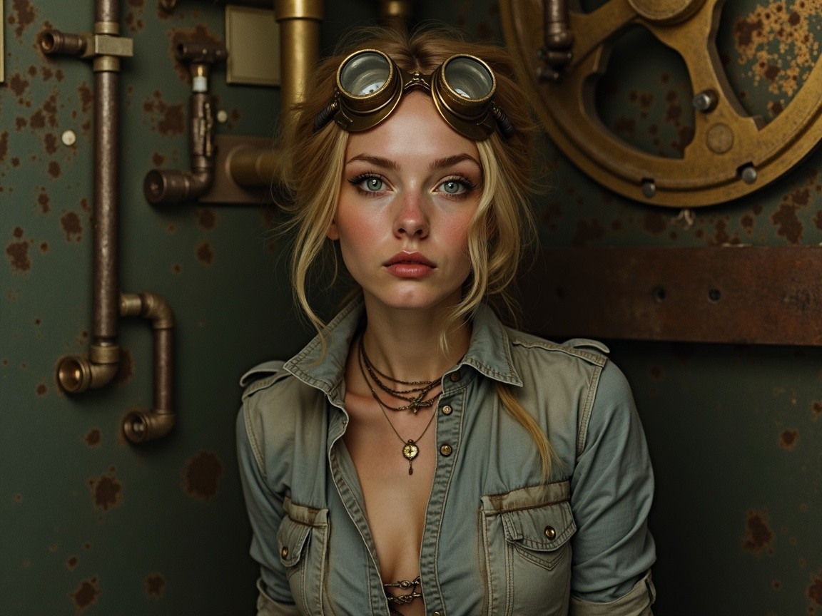 Young Woman in Steampunk Style in Industrial Setting