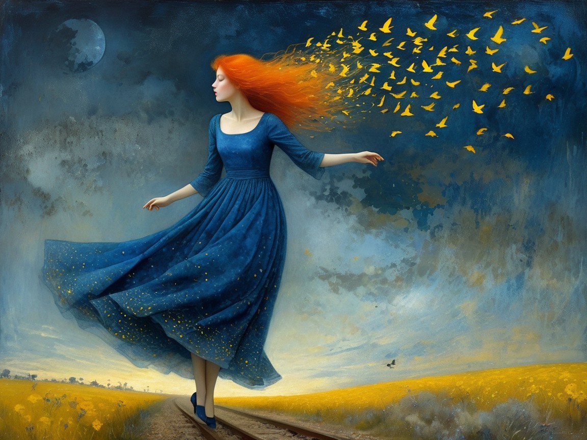 Dreamlike painting of a woman in blue gown with red hair