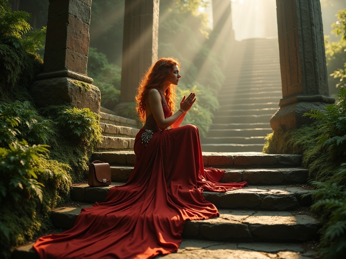 Woman in red gown on ancient stone steps in sunlight