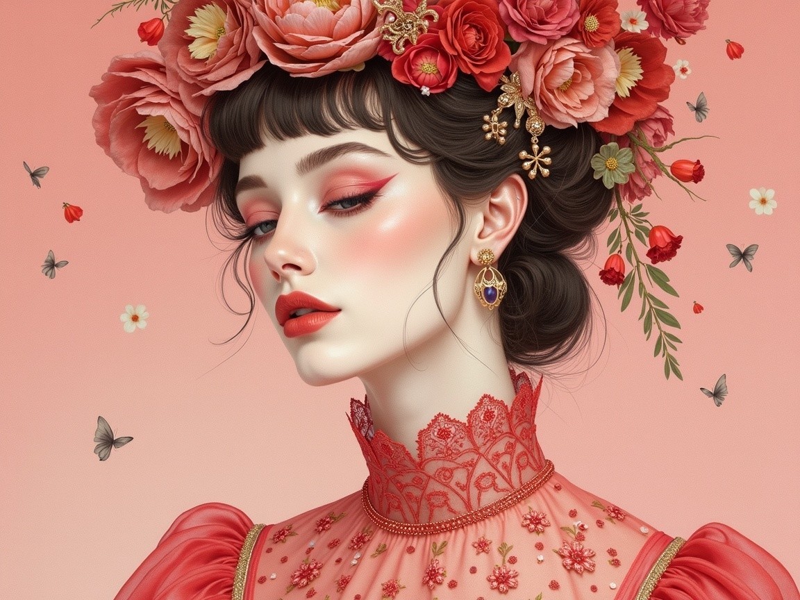 Woman with Floral Headpiece and Elegant Attire