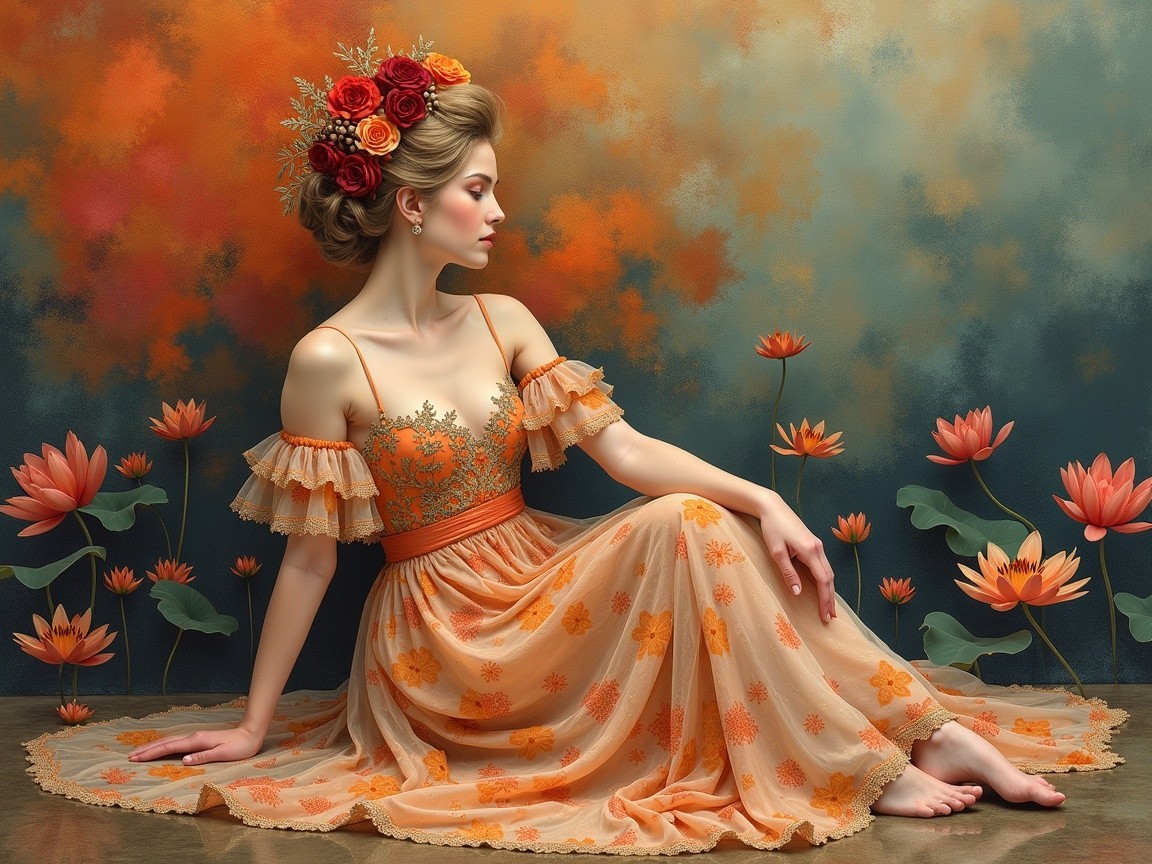 Young Woman in Floral Dress Against Gradient Background