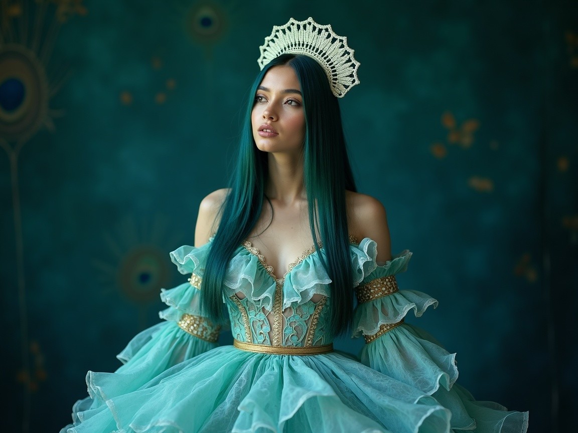 Young woman in pastel teal gown with golden accents