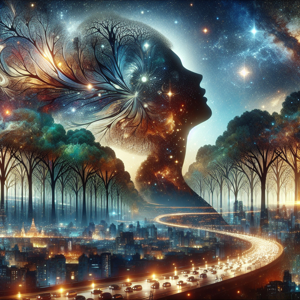 Surreal Silhouette of Woman with Nature and City Elements