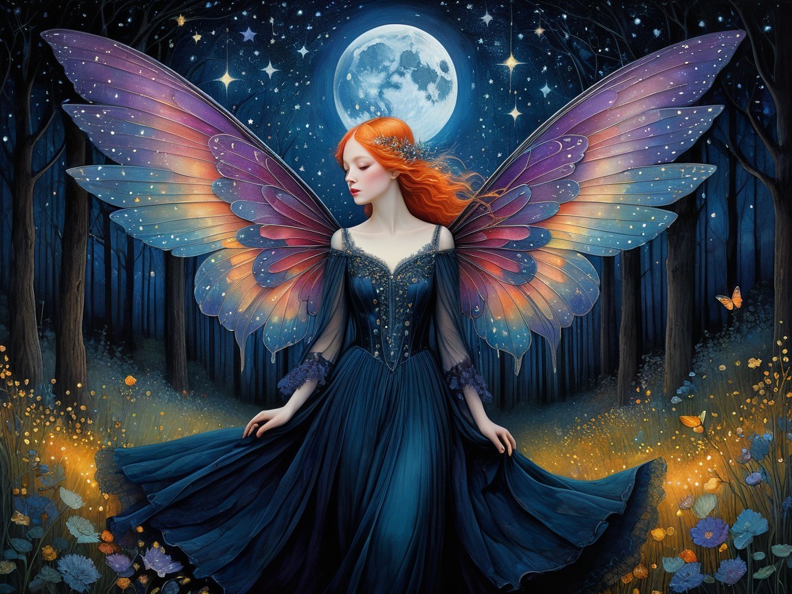 Mystical fairy in moonlit forest with vibrant wings