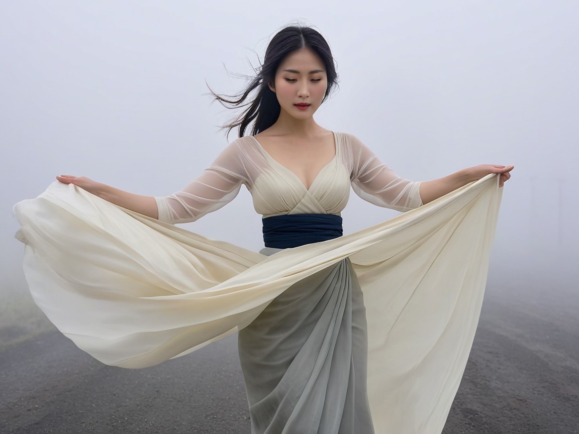Woman in Elegant Gown on Foggy Road