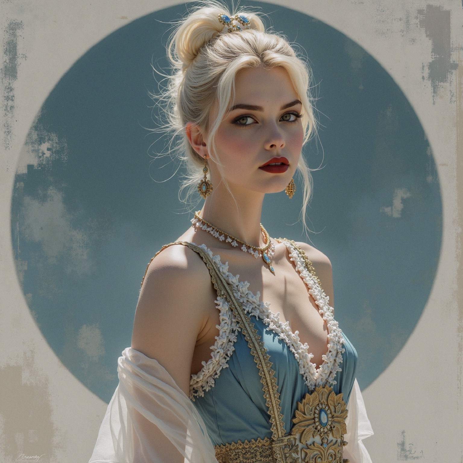 Elegant young woman in embroidered gown against blue backdrop