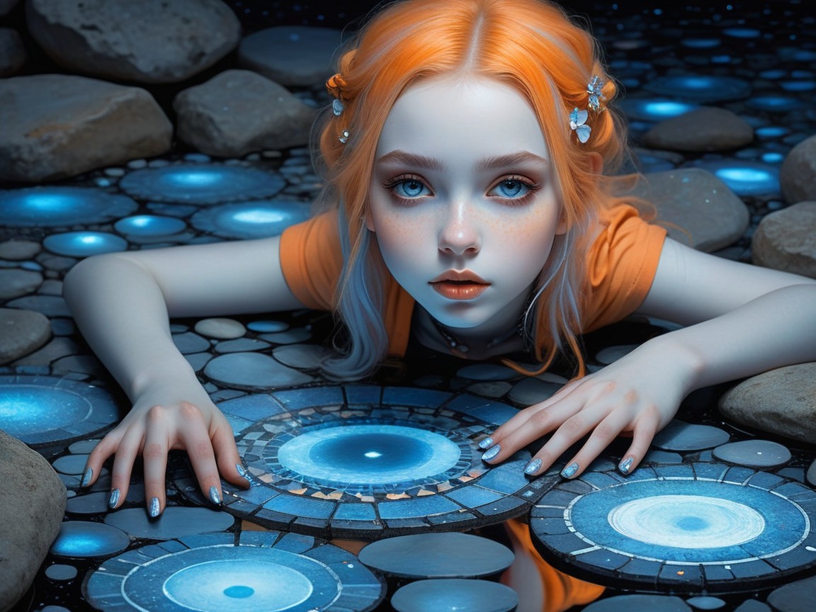 Beautiful girl with orange hair in glowing blue water